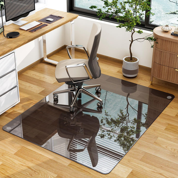 GLSLAND Office Chair Mat, 36" x 46" Grey Tempered Glass Floor Mat for Office Chair on Carpet, 1/5" Thick Computer Floor Mat with 4 Anti-Slip Pads