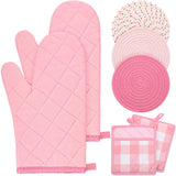 Oven Mitts and Pot Holders 7 Sets, Heat Resistant Kitchen Gloves Pads Potholders for Christmas Women Gifts Cotton Pot Holders Farmhouse Kitchen Accessories Gift for Cooking Baking(Pink White, Cotton)