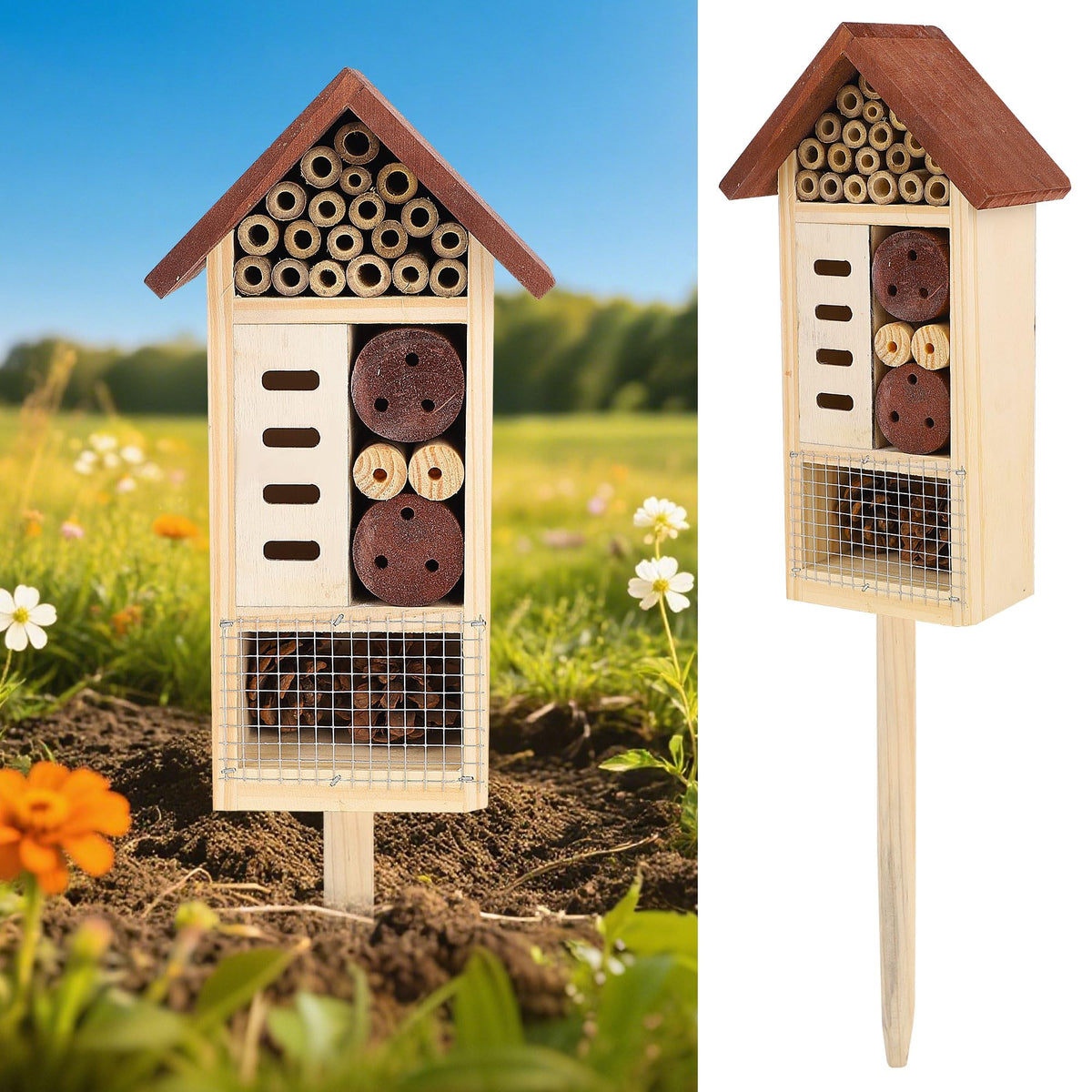 Lulu Home Wooden Insect House with Stake, Hanging & Inserting Two Moun