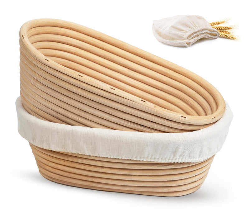 Kook Banneton Bread Proofing Baskets, Artisan Sourdough Bread Making Baskets, 9.8 Inch Handwoven Rattan Baskets and Cloth Liners, Set of 2, Oval