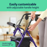 Medline Aluminum Rollator Walker with Seat, Purple, 250 lb. Weight Capacity, Lightweight, 6” Wheels, Foldable, Adjustable Handles, Rolling Walker for Seniors