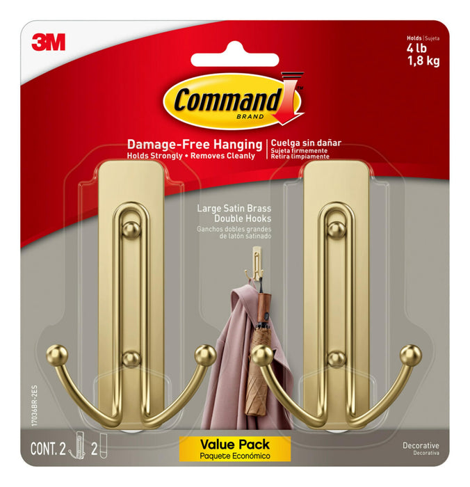 Command Large Satin Brass Double Hooks, 2 Hooks and 2 Command Strips, Damage Free Hanging Wall Hooks with Adhesive Strips, No Tools Coat Hooks for Hanging Home Decor, Holds up to 4 lb