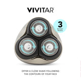 VIVITAR Metallic Cordless 3 Head Rotary Shaver, Cordless Electric Rotary Shaver for Men with Three Independently-Floating Heads, Pop-up Trimmer, and Stainless Steel Blades for Wet and Dry Uses