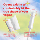 August Organic Cotton Tampons, 96 Regular Tampons Made with Organic Cotton, Long Applicators, Non-toxic Organic Tampons, Fragrance & Chlorine-free, Hypoallergenic (6 boxes of 16/12 boxes of 8)