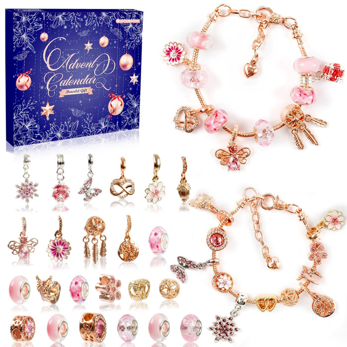 Advent Calendar Charm Bracelets 2024 for Girls, 24 Days Christmas Countdown Calendar with Rose Gold DIY Bracelets Jewelry Making Kit for Xmas Gift Kids Teens Adults