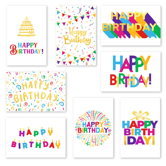 120 Pack Assorted Gold Foil Happy Birthday Cards with Envelopes, Organizer Box, Stickers, and Seals - 4x6 Inches, 8 Unique Designs, Ideal for Kids, Men, Women, and Elderly