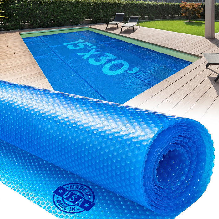 15' x 30' Rectangle Solar Cover for Inground and Above Ground Pools, 12 Mil - Premium Heavy Duty Solar Blanket for Above Ground Pool, Blue - Made in USA