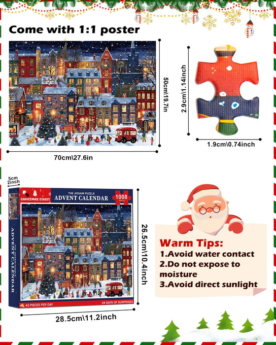 Jigsaw Puzzle Advent Calendar 2024 for Adult Kids-24 Box Christmas Countdown Calendar Family Puzzle Game,Christmas Street,1008 Piece,19.7 inches x 27.6 inch