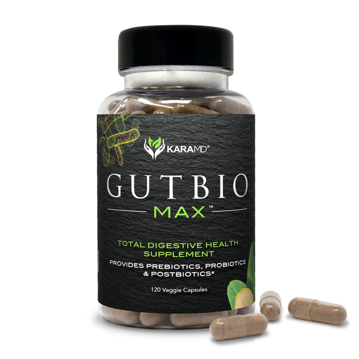 KaraMD GutBio Max |Gut & Digestive Support Supplement | Prebiotics, Probiotics & Postbiotics | Healthy Fiber & Enzymes to Boost Energy & Digestion | Non-GMO, Gluten Free & Vegan Friendly (30 Servings)