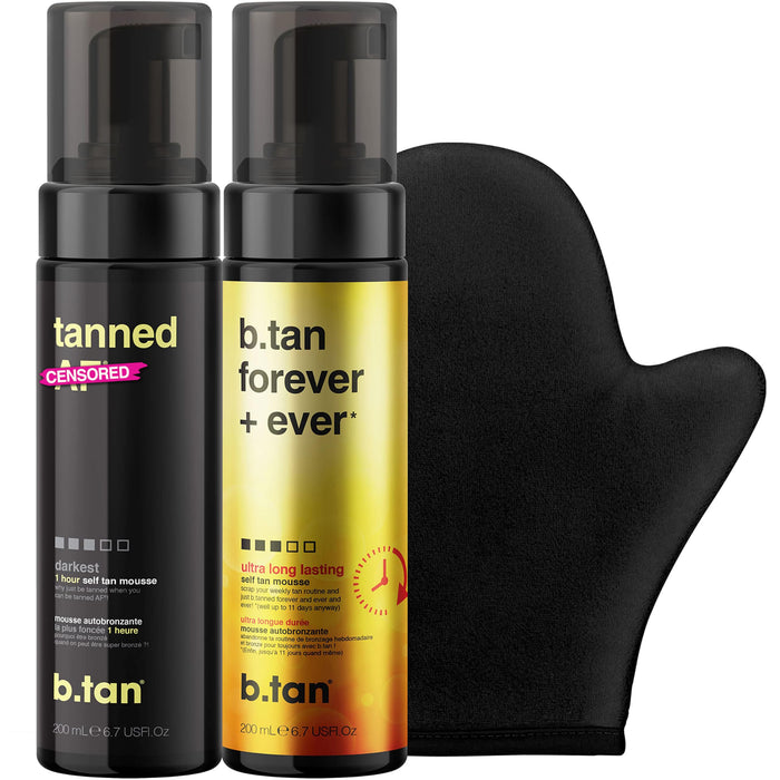 b.tan Best Self Tanner Mousses Bundle with Tanning Mitt Applicator for Fake Tan | 1 hour Express Sunless Tanning Bestie Kit, Vegan & Cruelty Free, Set of 2 Long Lasting Bestie Foams