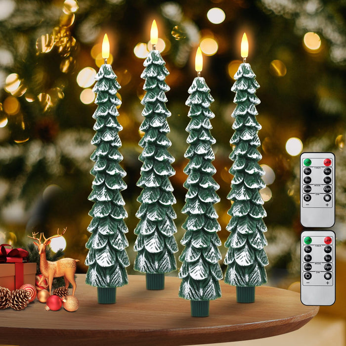Flameless Candles with Remote – 4 Pack Christmas Tree Candles, Battery Operated Snowy Tree Design, 3D Flickering Flame, Safe Holiday Home Decor for Christmas Decorations & Gifts