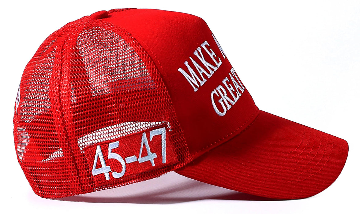 Trump 2024 45-47 MAGA Trucker Hat Make America Great Again Slogan with USA Flag Adjustable Baseball Cap Mesh Snap(Red MAGA Hat)