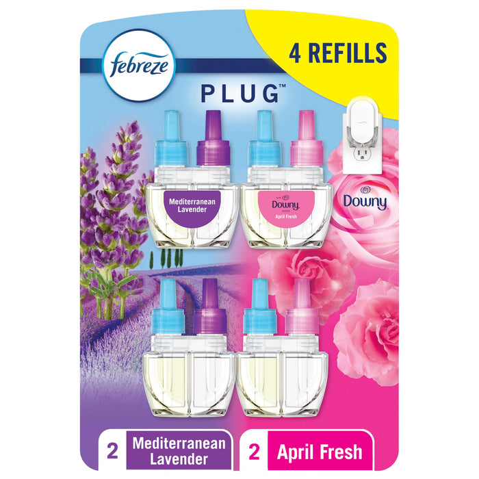 Febreze Odor-Fighting Fade Defy PLUG Air Freshener,Downy April Fresh, Mediterranean Lavender, 87 fl. oz. Oil Refills, 4 Refills (2 of Each)