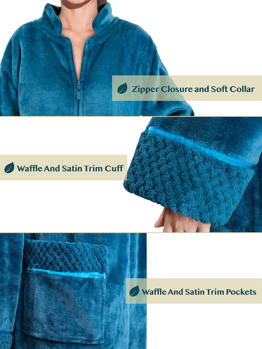 PAVILIA Womens Housecoat Zip Robe, Fleece Zip Up Front Robe Bathrobe, Plush Warm Zipper House Coat Lounger for Women Ladies Elderly with Satin Trim, Pockets, Long Plus Size - Teal Sea Blue (2x/3x)