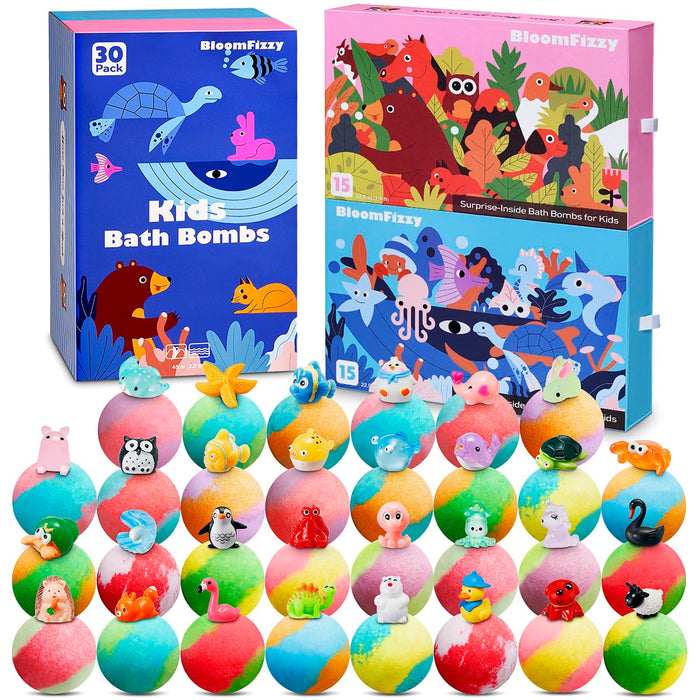 30 Pack Kids Bath Bombs with Land & Sea Animal Toys, Dual-Themed Gift Boxes