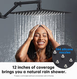 G-Promise All Metal 12 Inch Rain Shower Head with 15" Adjustable Extension Arm | High Pressure Rainfall Showerhead | Luxury Modern Look Square Large Waterfall Showerhead (Matte Black)