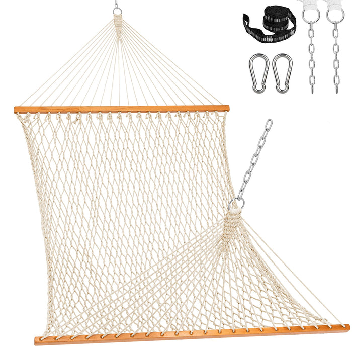 Lazy Daze Hammocks Double Rope Hammock, 2 Person Traditional Outdoor Hand Woven Cotton Rope Hammock with Spreader Bar, Carabiners, Tree Straps, Chains for Patio Yard - Max 450 Lbs, Natural