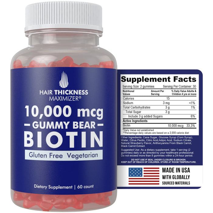 Hair Thickness Maximizer Biotin 10000 mcg Gummies Vegetarian, Gluten Free. 10000mcg Natural Gummy Bear Hair Vitamin for Men and Women. Great for Hair Growth, Combats Hair Loss and Thinning Hair