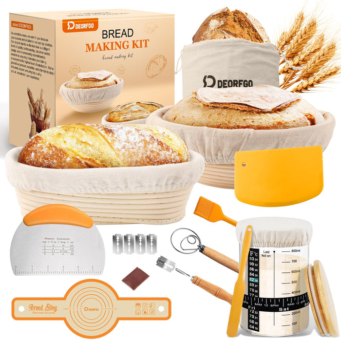 Sourdough Bread Baking Supplies Tools,10 Inch Oval & 9 Inch Round Banneton Bread Proofing Basket Set,Sourdough Starter Kit Gift for Bread Making (white with Starter Jar)