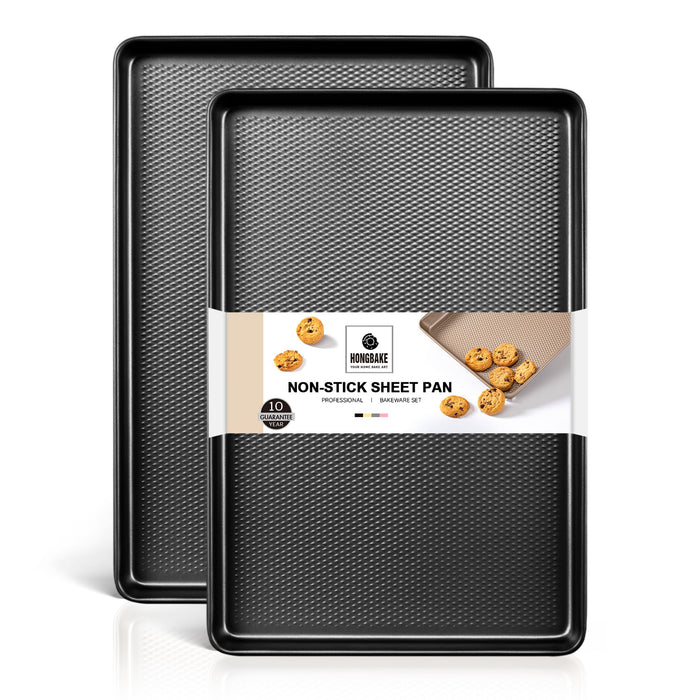 HONGBAKE 2 Pack Half Sheet Pan Set, 1/2 Cookie Sheets for Baking with Diamond Texture, 17.5" x 12" Large Baking Sheets Non Stick, Non Toxic Oven Trays for Cooking, 57% Thicker Carbon Steel, Dark Gray