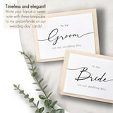 Shoppau Set of 2 Bride and Groom Wedding Day Cards - Linen Textured Cardstock - Elegant Script - 4.875" x 3.75" Folded - Embossed Border - Set of 2 Cardstock Beige Envelopes (Black Foil)