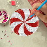 8 Pieces Christmas Candy Diamond Coasters with Holder 5D DIY Christmas Candy Diamond Art Coasters Round Cup Coaster for Drinks Diamond Arts Kits for Christmas Holiday Gift