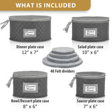 Fine China Storage - Set of 4 Quilted Cases for Dinnerware Storage. Sizes: 12" - 10" - 8" and 7" Wide - Gray - 48 Felt Plate Separators Included