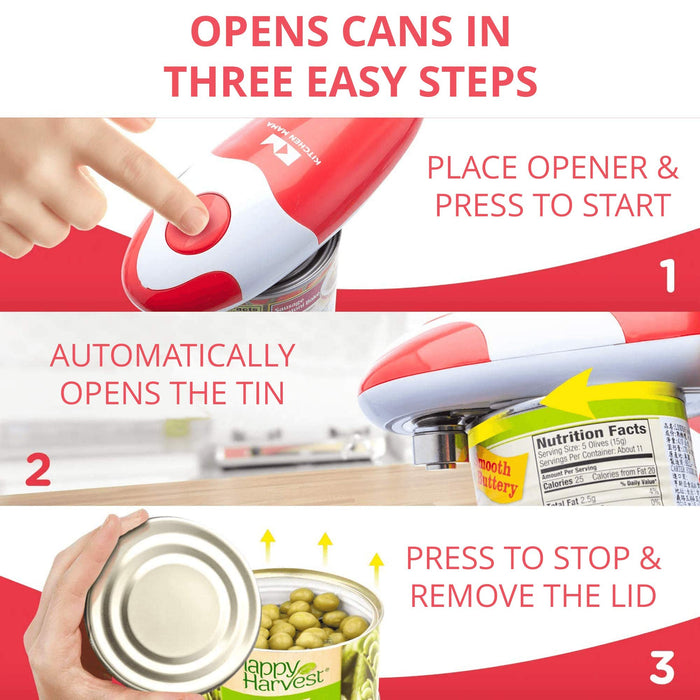 Kitchen Mama Auto Electric Can Opener: Open Your Cans with A Simple Press of Button - Automatic, Hands Free, Smooth Edge, Food-Safe, Battery Operated, YES YOU CAN (Red)