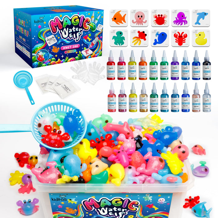 Kiditos Magic Water Elf Toy Kit, Aqua Fairy Water Gel Kit with 20 Magic Gels, 10 Sea Creature Molds. Christmas Gifts, Birthday Gifts, Party Favors, Arts & Crafts DIY STEM Kits for Kids(20 Colors)