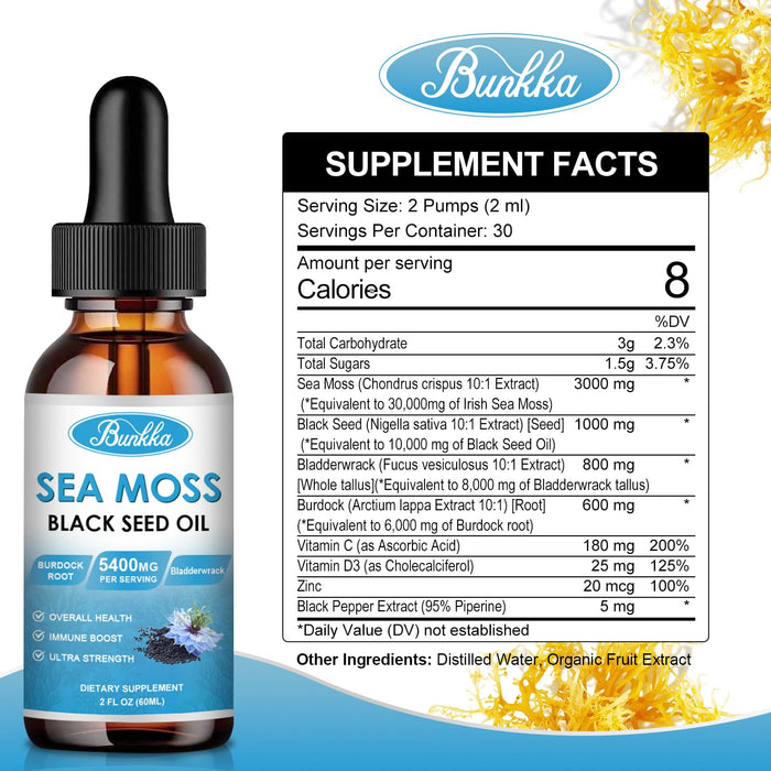 Bunkka (2 Pack) Sea Moss 3000mg Black Seed Oil 1000mg with Burdock Root 600mg Bladderwrack 800mg&Vitamin C Vitamin D3, Irish Sea Moss Drop for Immune System, Gut, Skin & Energy