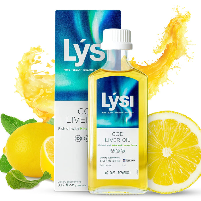 LYSI Cod Liver Oil Mint Lemon Flavor | 1100 mg Omega-3s Per Serving| Pure & Natural Cod Liver Oil | Icelandic Liquid Cod Liver Oil | GMP Certified | 8.12 Fl Oz | 48 Servings