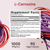 Jarrow Formulas L-Carnosine Dipeptide Antioxidant 1000 mg, Dietary Supplement, Antioxidant Support for Mitochondrial Health, 90 Veggie Capsules, Up to 45 Day Supply