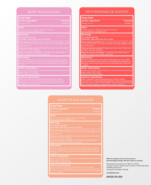 Touchland Power Mist Hydrating Hand Sanitizer Spray, JUICY 3-Pack (Watermelon, Peach, Berry), 500-Sprays each, 1Fl Oz Travel Size (Set of 3)