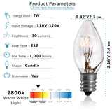 7 Watt Night Light Replacement Bulbs - 12 Pack Salt Lamps, Crystal Clear Glass,C7/7 Watt/120 V/45 Lumen,E12 Candelabra Base Incandescent Bulbs