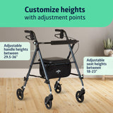 Medline Superlight Folding Aluminum Mobility Rollator Walker, Smoky Blue, 250 lb. Weight Capacity, 6" Wheels, Adjustable Arms and Seat, Foldable Rolling Walker for Seniors