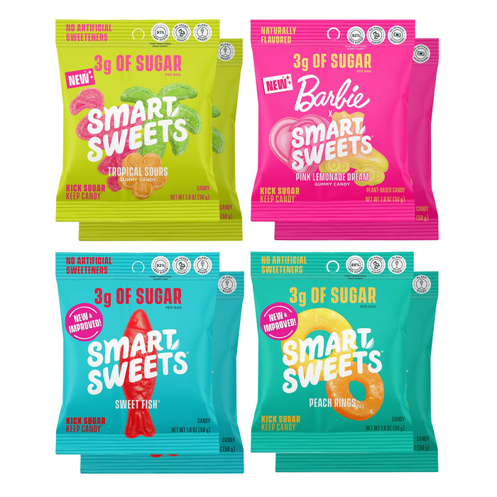 SmartSweets Variety Pack Candy, 1.8oz (Pack of 8), Candy With Low Sugar & Calorie, Healthy Snacks For Kids & Adults - Sweet Fish, Peach Rings, Tropical Sours, Barbie Pink Lemonade Dream