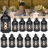 LLQ 12Pcs Mini Lantern with Flickering LED Candle, Black Decorative Hanging Lanterns, Small Lantern for Wedding Decor, Halloween Christmas Table Centerpiece, Medieval Decor, Western Party Decorations