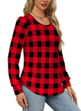 Christmas Shirts for Women Long Sleeve Tops Fleece Sweaters Warm Cozy Dressy Casual Blouses Curved Hemline Plaid Black Red L