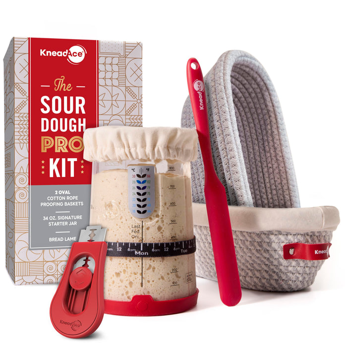KneadAce Sourdough Starter Kit (PRO 34oz Jar, 2xOval baskets, Red Bread Lame)