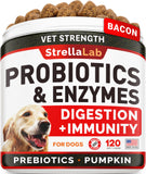 STRELLALAB Vet Strength Dog Probiotics Treats - 1 Billion CFU + Digestive Enzymes + Prebiotics - Chewable Fiber Supplement w/Pumpkin - Allergy, Diarrhea, Gas, Constipation, Upset Stomach Relief