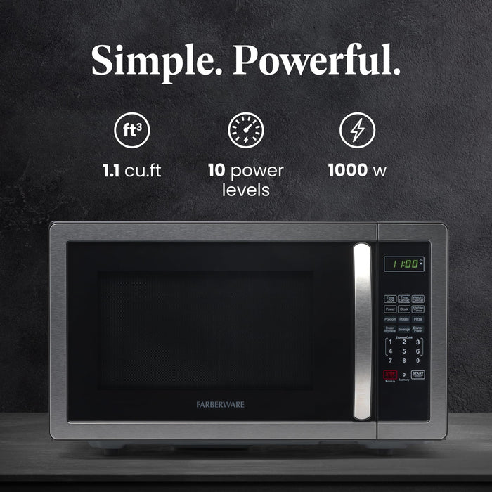 Farberware Countertop Microwave 1000 Watts, 1.1 cu ft - Microwave Oven With LED Lighting and Child Lock - Perfect for Apartments and Dorms - Easy Clean Stainless Steel