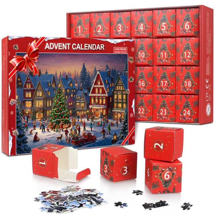 Advent Calendar 2024 Jigsaw Puzzle, 24 Days Christmas Countdown Calendar for Kids, 24 Boxs 1008 Pieces Puzzles for Boys and Girls Xmas Family Toys Gift for Teens Adults