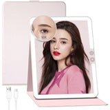 FUNTOUCH 2500mAh Large Rechargeable Travel Makeup Mirror with Lights, Portable Makeup Mirror with 10X Magnifying Mirror 3 Lighting Modes, Tabletop Folding Travel Mirror with PU Leather Cover (Pink)