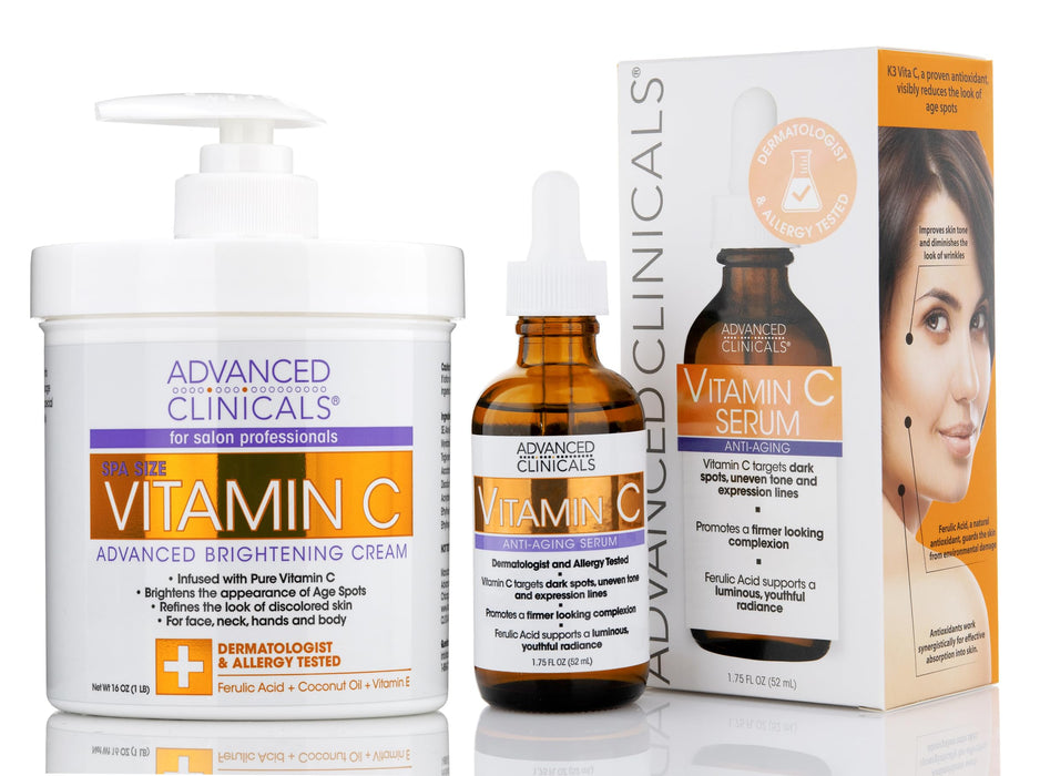 Advanced Clinicals Vitamin C Body Lotion + Potent Vitamin C Serum 2pc Bundle | Face Serum & Body Cream Brightening Skin Care Set & Kits For Wrinkles, Dark Spots, Dry Skin, & Uneven Skin Tone, 2-Pack