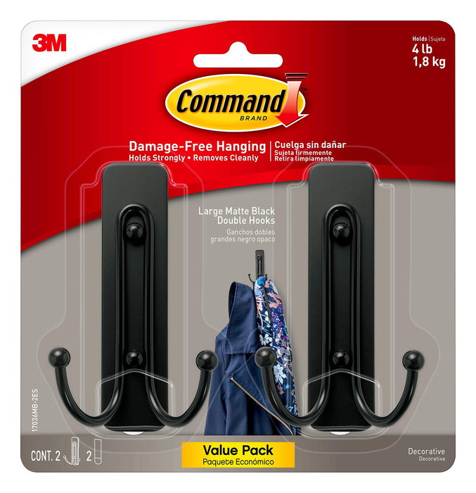 Command Large Matte Black Double Hooks, 2 Hooks and 2 Command Strips, Damage Free Hanging Wall Hooks with Adhesive Strips, Coat Hooks for Hanging Christmas Decorations, Holds up to 4 lb