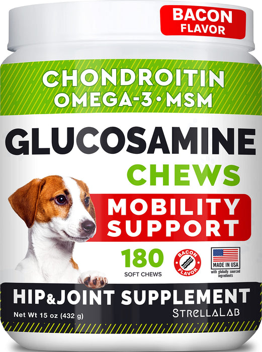 STRELLALAB Glucosamine Treats for Dogs - Joint Supplement w/Omega-3 Fish Oil - Chondroitin, MSM - Advanced Mobility Chews - Joint Pain Relief - Hip & Joint Care - Bacon Flavor - 180 Ct - Made in USA