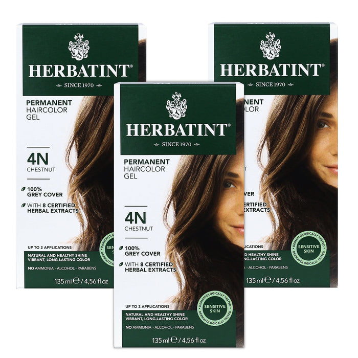 Herbatint Permanent Haircolor Gel, 4N Chestnut, Alcohol Free, Vegan, 100% Grey Coverage - 4.56 oz (3 Pack)