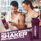 Utopia Home Shaker Bottle 2 Pack - 24 Ounce Plastic Protein or Cocktail Shaker Bottle for Pre & Post workout with Twist & Lock Protein Box Storage (All Plum & Clear/Plum)