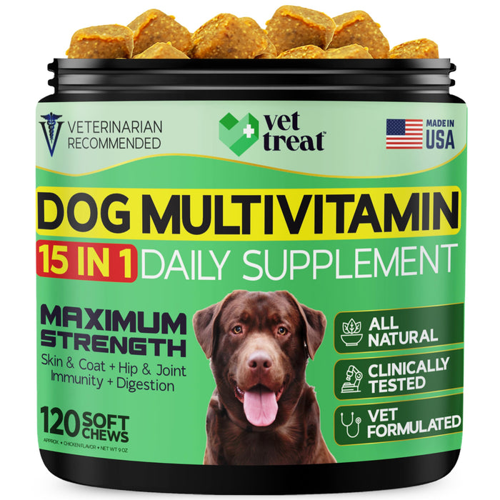 Dog Multivitamin 15-in-1 Chewable - Dog Vitamins and Supplements - Made in USA - Senior & Puppy Multivitamin - Vet Recommended Glucosamine + Salmon Oil + Probiotics - Chicken Flavor (120 Soft Chews)