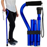 RMS Folding Cane with Offset Foam Handle, Adjustable Walking Stick with Carrying Pouch (Blue)